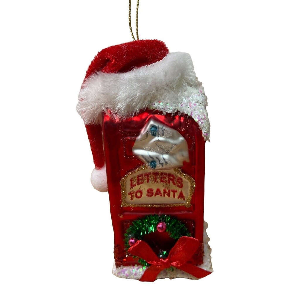 Silver Tree Letters to Santa Red Mailbox with Santa Hat Glass  Holiday Ornament